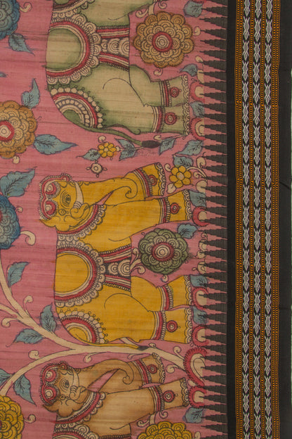Tussar Kalamkari Handpainted Pink Saree With Vidarbha Border