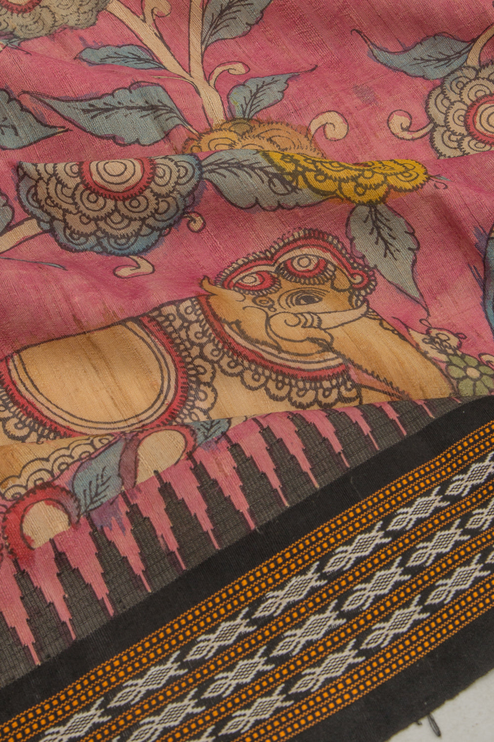 Tussar Kalamkari Handpainted Pink Saree With Vidarbha Border