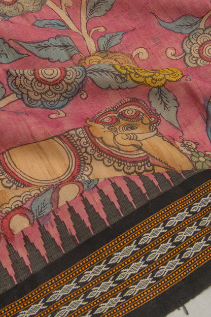 Tussar Kalamkari Handpainted Pink Saree With Vidarbha Border