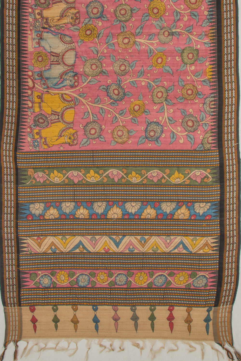 Tussar Kalamkari Handpainted Pink Saree With Vidarbha Border