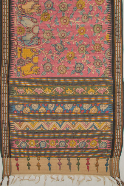 Tussar Kalamkari Handpainted Pink Saree With Vidarbha Border