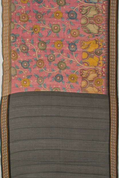 Tussar Kalamkari Handpainted Pink Saree With Vidarbha Border