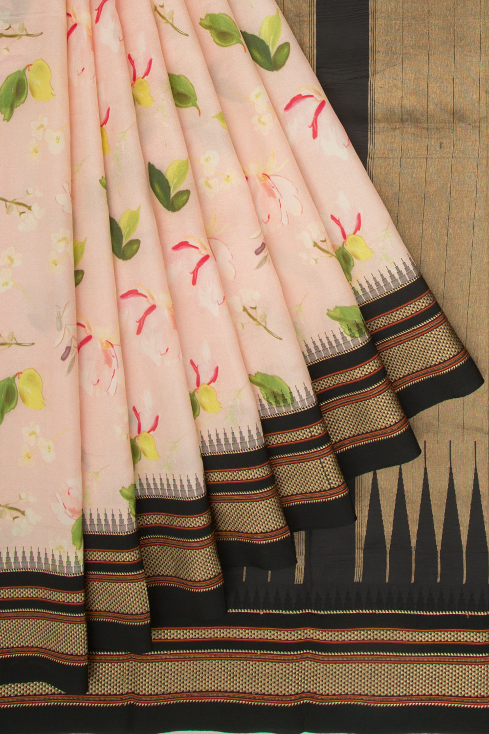 Kanchipuram Silk Floral Printed Peach Saree