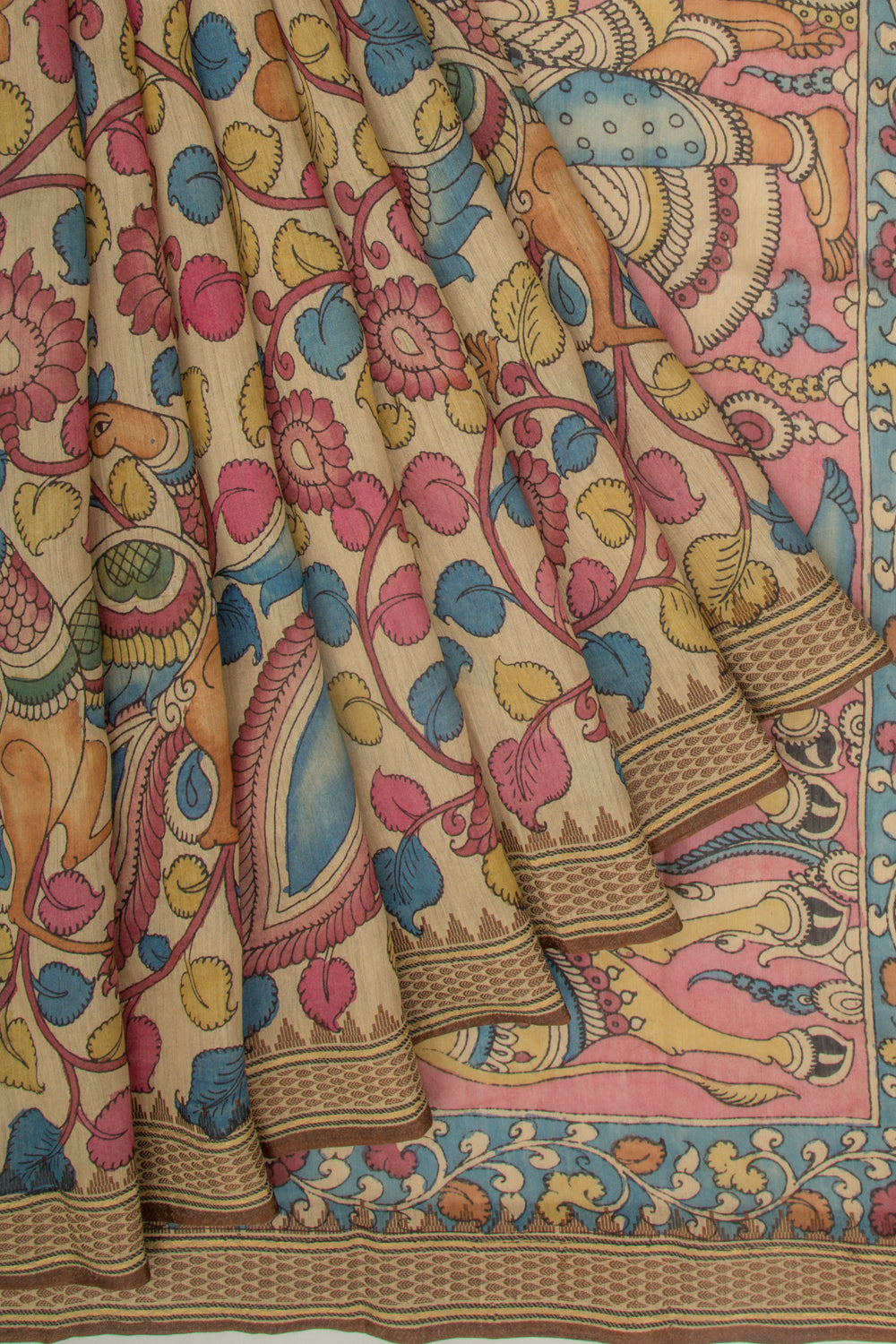Tussar Kalamkari Handpainted Beige Saree