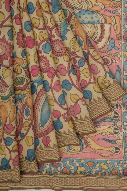 Tussar Kalamkari Handpainted Beige Saree