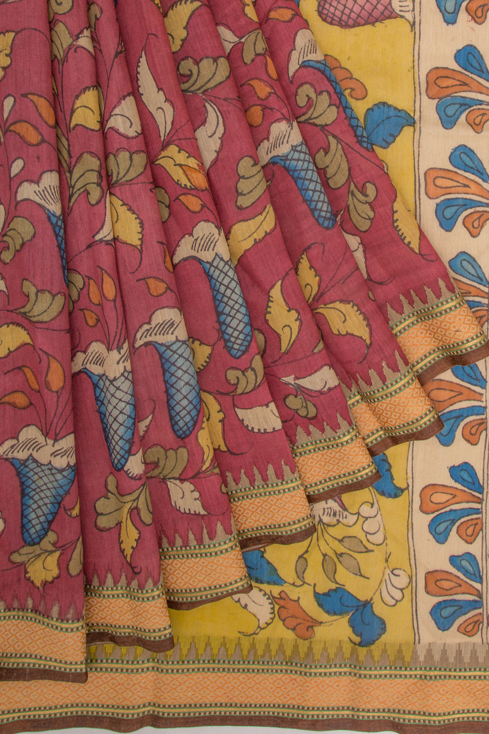 Tussar Kalamkari Handpainted Maroon Saree