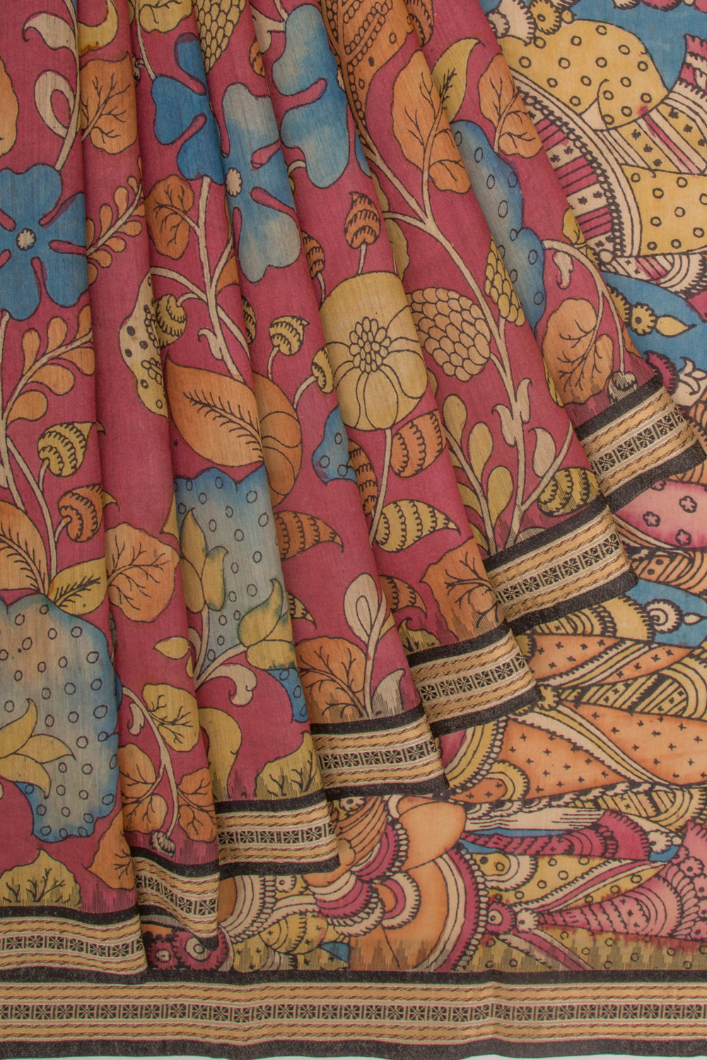 Soft Tussar Kalamkari Handpainted Pink Saree With Vidarbha Border