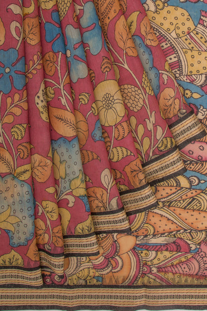 Soft Tussar Kalamkari Handpainted Pink Saree With Vidarbha Border