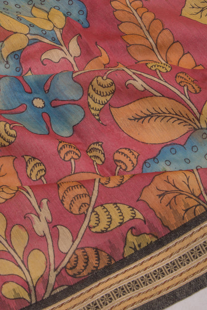 Soft Tussar Kalamkari Handpainted Pink Saree With Vidarbha Border
