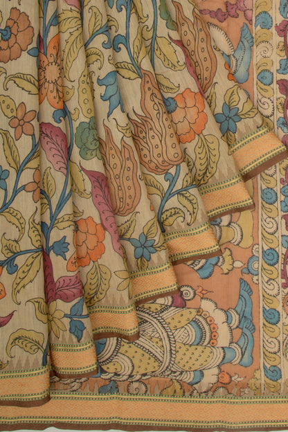 Soft Tussar Kalamkari Handpainted Beige Saree With Vidarbha Border