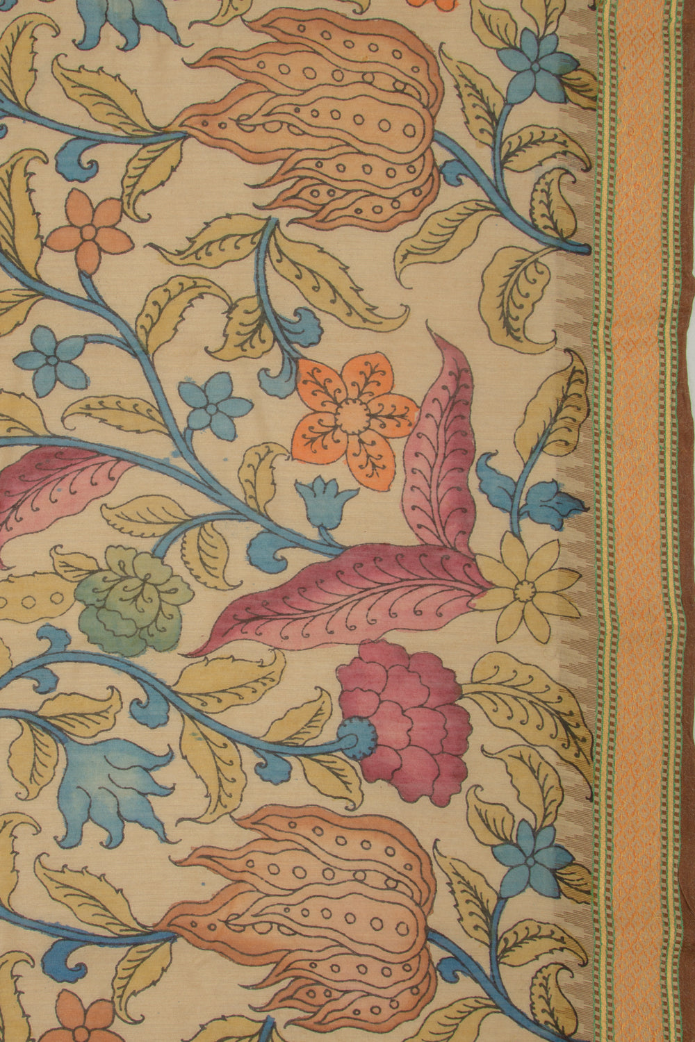 Soft Tussar Kalamkari Handpainted Beige Saree With Vidarbha Border