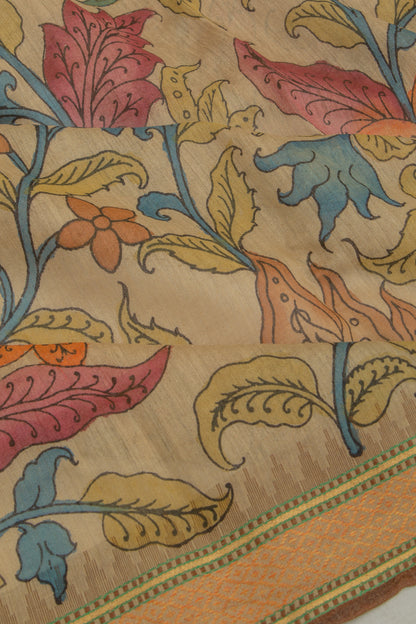 Soft Tussar Kalamkari Handpainted Beige Saree With Vidarbha Border