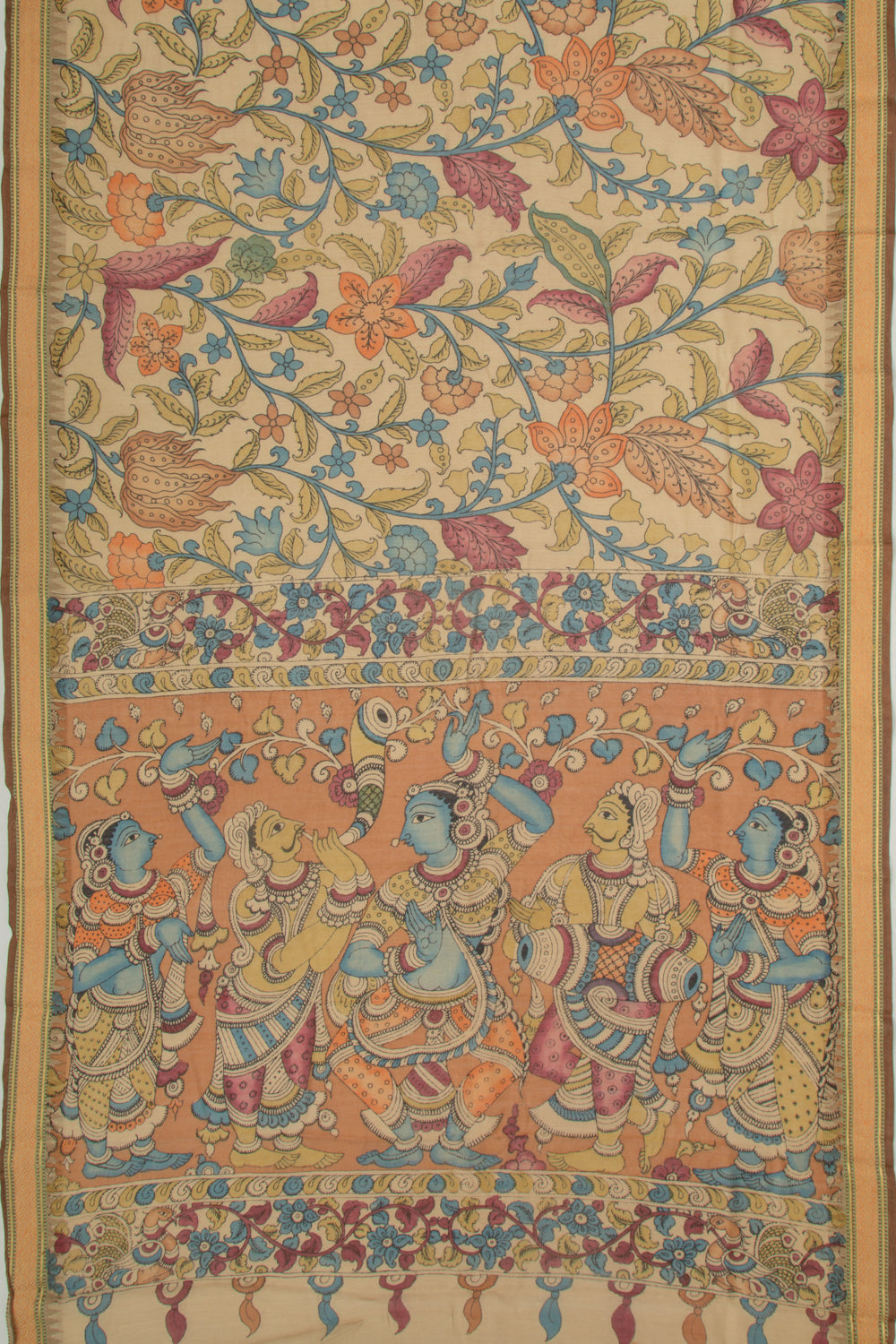 Soft Tussar Kalamkari Handpainted Beige Saree With Vidarbha Border
