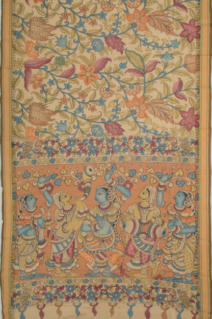 Soft Tussar Kalamkari Handpainted Beige Saree With Vidarbha Border
