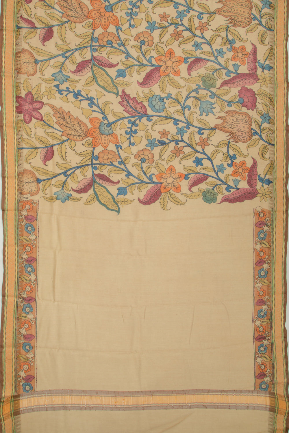 Soft Tussar Kalamkari Handpainted Beige Saree With Vidarbha Border