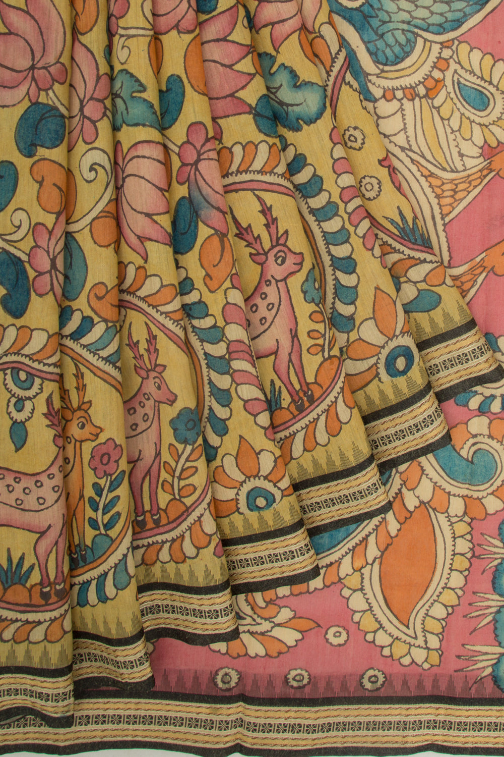 Soft Tussar Kalamkari Handpainted Yellow Saree With Vidarbha Border