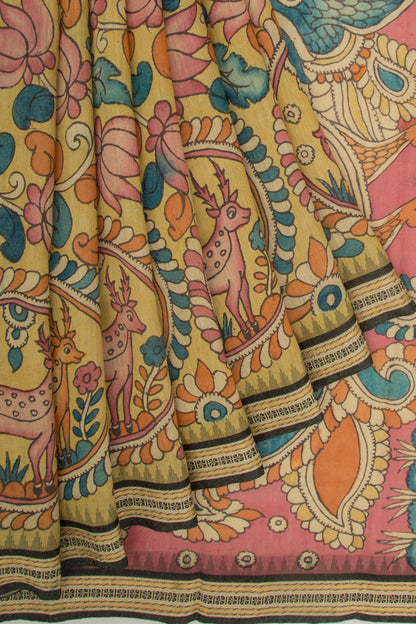 Soft Tussar Kalamkari Handpainted Yellow Saree With Vidarbha Border