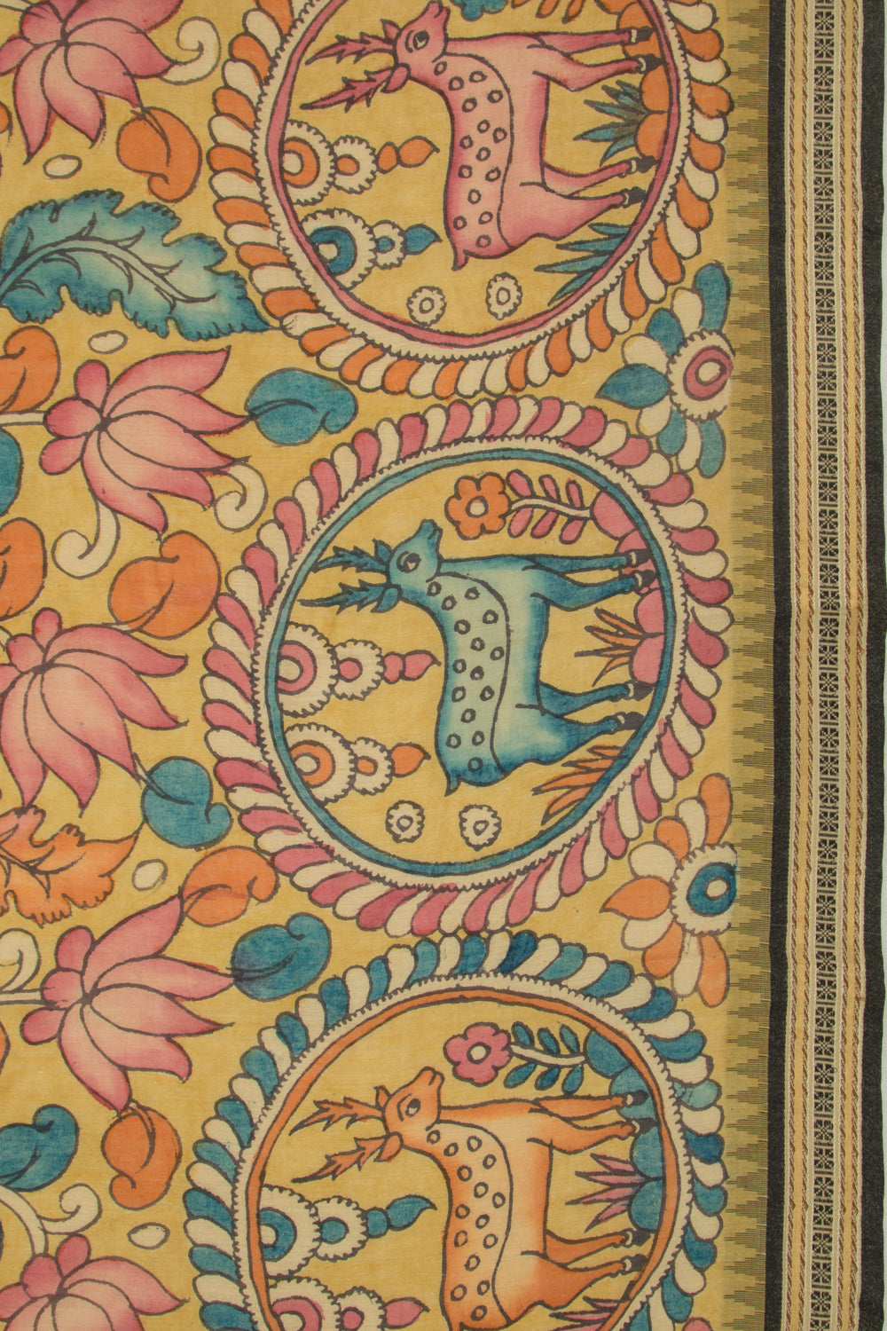 Soft Tussar Kalamkari Handpainted Yellow Saree With Vidarbha Border