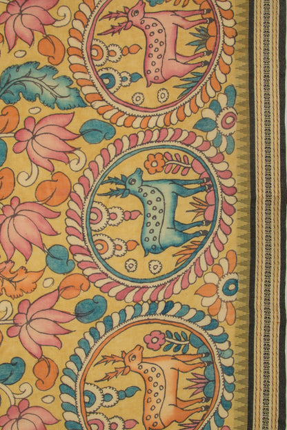 Soft Tussar Kalamkari Handpainted Yellow Saree With Vidarbha Border