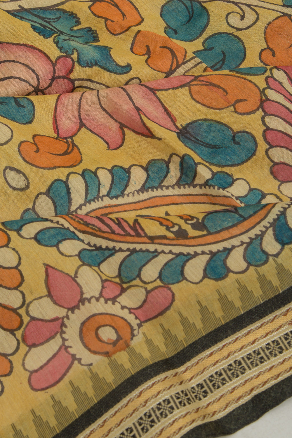 Soft Tussar Kalamkari Handpainted Yellow Saree With Vidarbha Border
