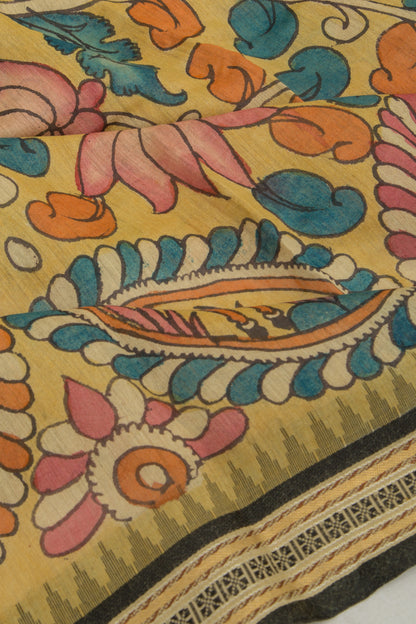 Soft Tussar Kalamkari Handpainted Yellow Saree With Vidarbha Border