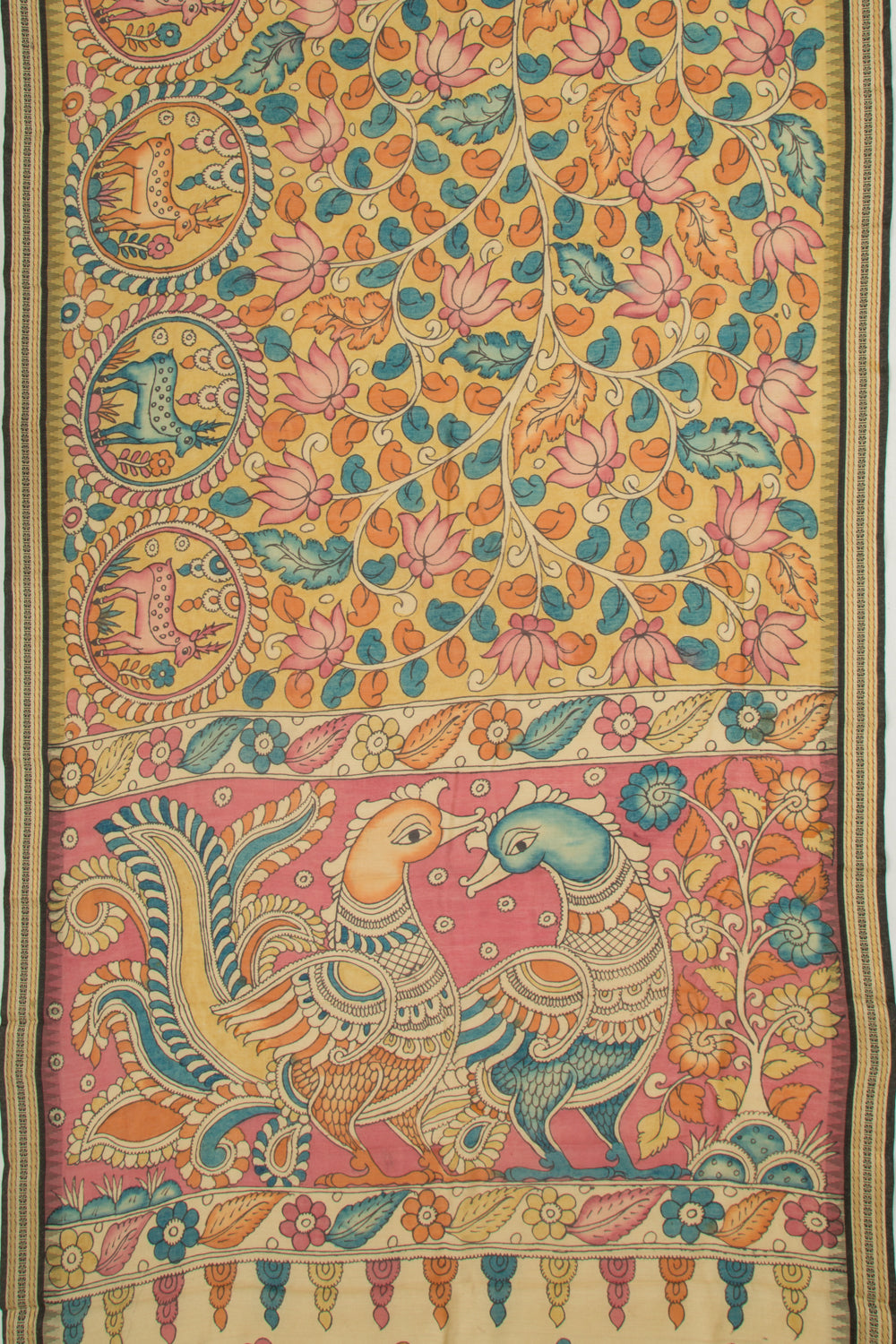 Soft Tussar Kalamkari Handpainted Yellow Saree With Vidarbha Border