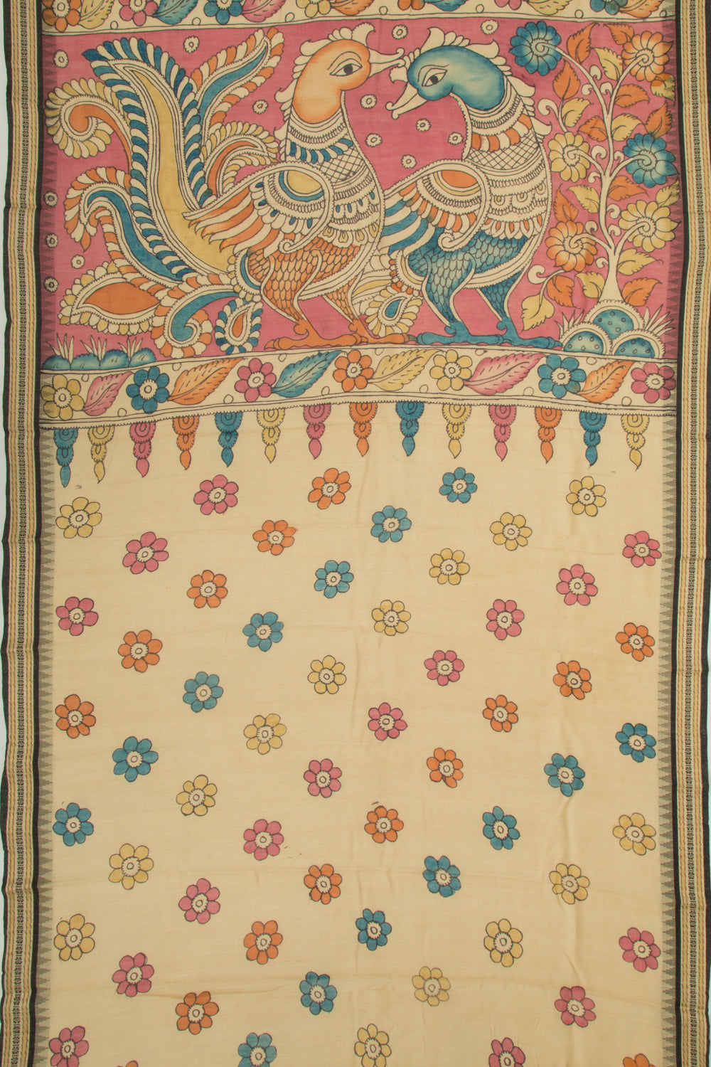 Soft Tussar Kalamkari Handpainted Yellow Saree With Vidarbha Border