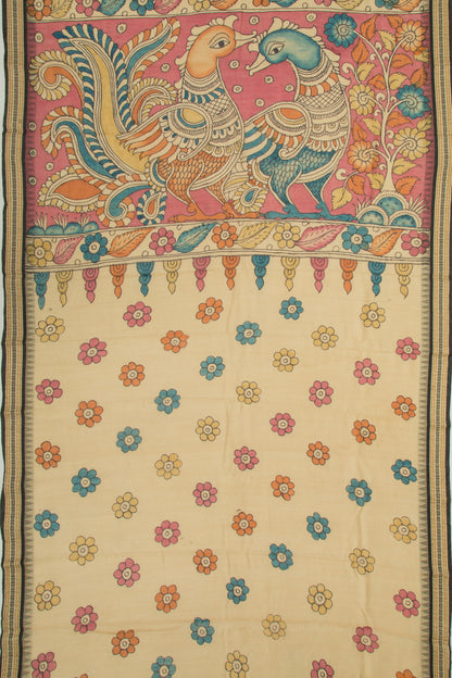Soft Tussar Kalamkari Handpainted Yellow Saree With Vidarbha Border