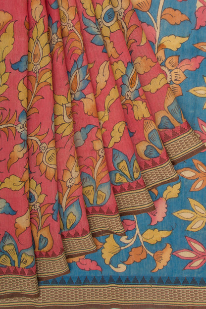 Tussar Kalamkari Handpainted Pinkish Red Saree