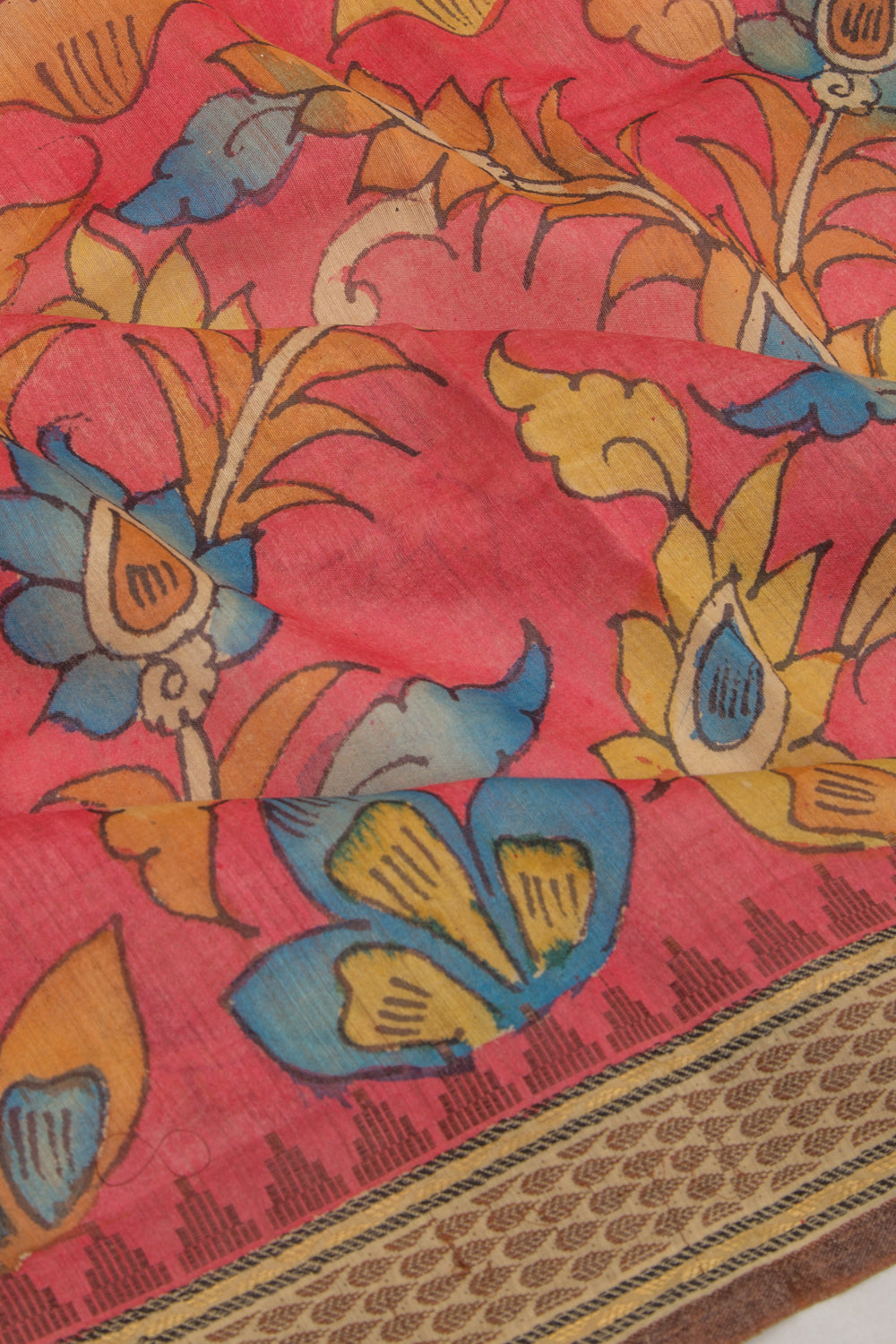 Tussar Kalamkari Handpainted Pinkish Red Saree