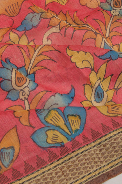 Tussar Kalamkari Handpainted Pinkish Red Saree
