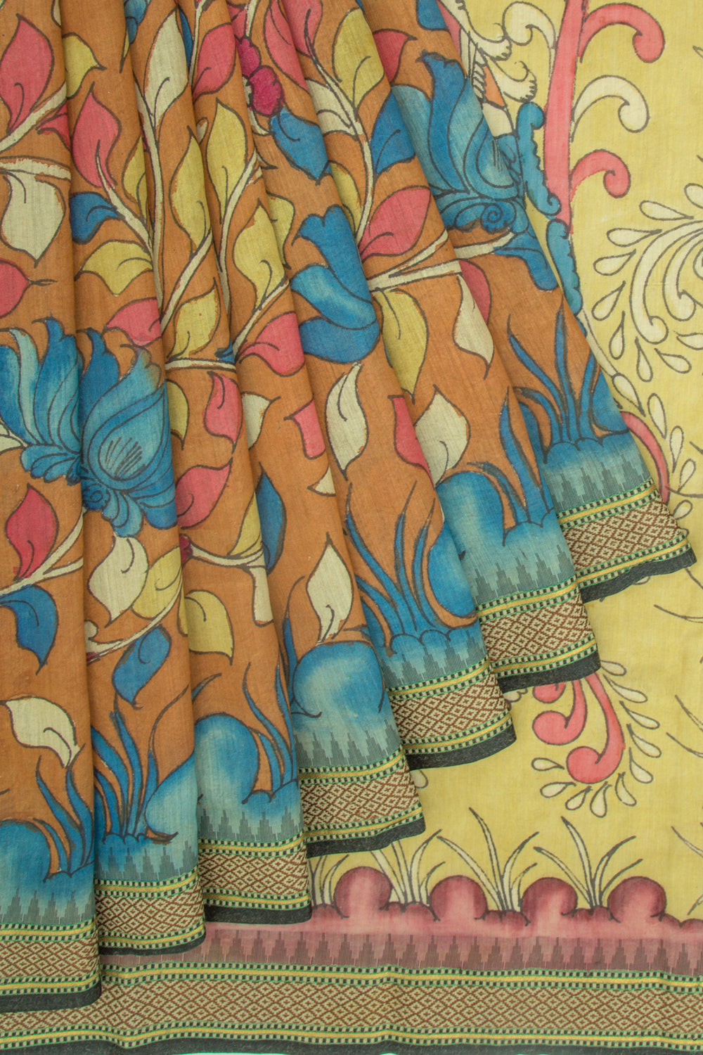 Tussar Kalamkari Handpainted Brown Saree