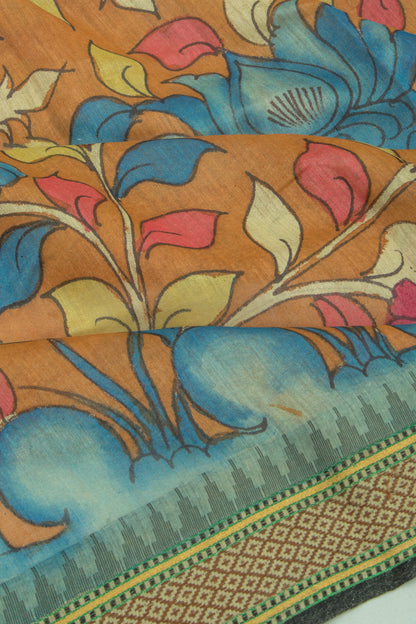 Tussar Kalamkari Handpainted Brown Saree