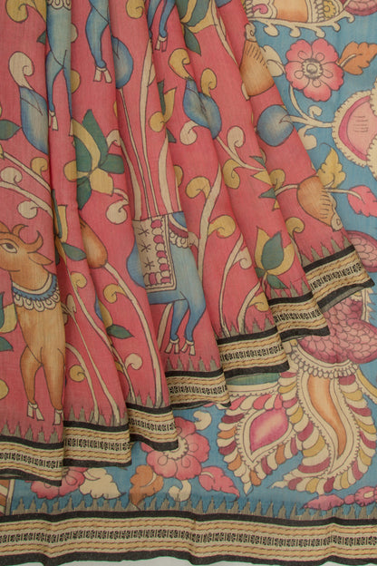 Soft Tussar Kalamkari Handpainted Pink Saree With Vidarbha Border