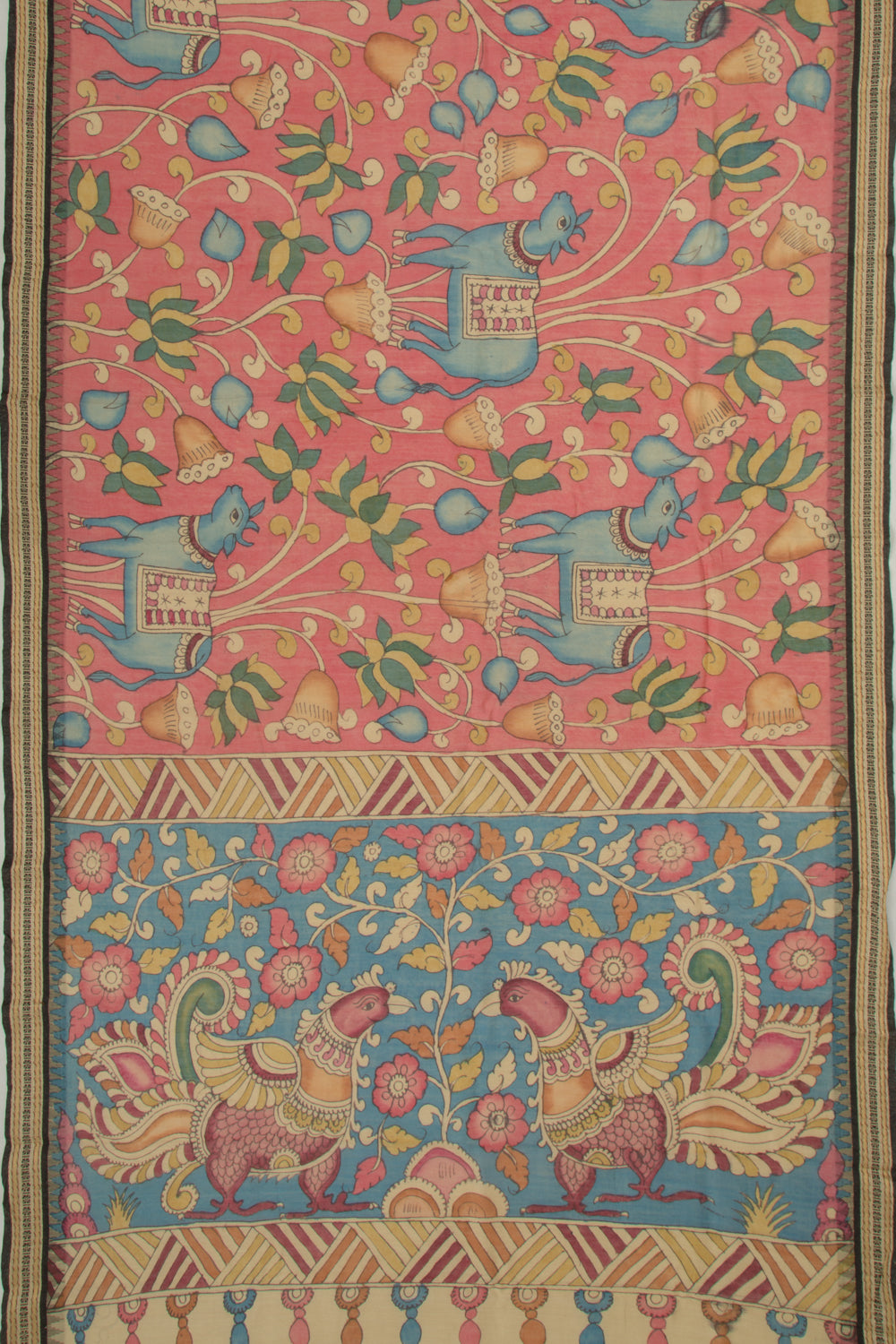Soft Tussar Kalamkari Handpainted Pink Saree With Vidarbha Border