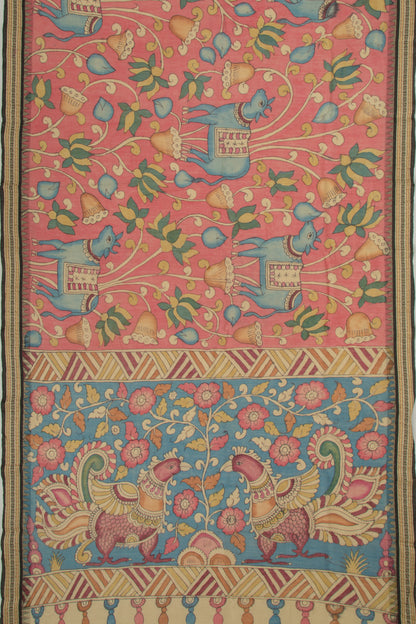 Soft Tussar Kalamkari Handpainted Pink Saree With Vidarbha Border