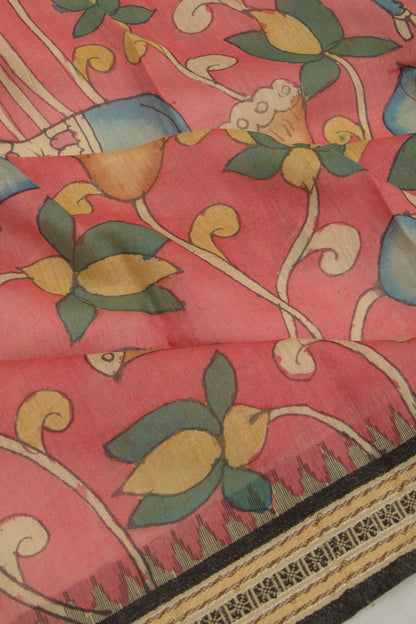 Soft Tussar Kalamkari Handpainted Pink Saree With Vidarbha Border