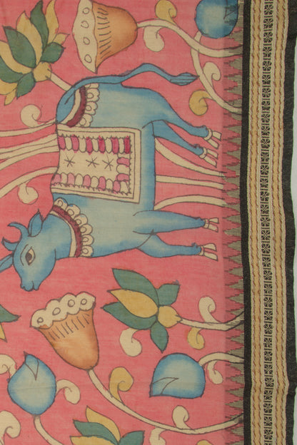 Soft Tussar Kalamkari Handpainted Pink Saree With Vidarbha Border