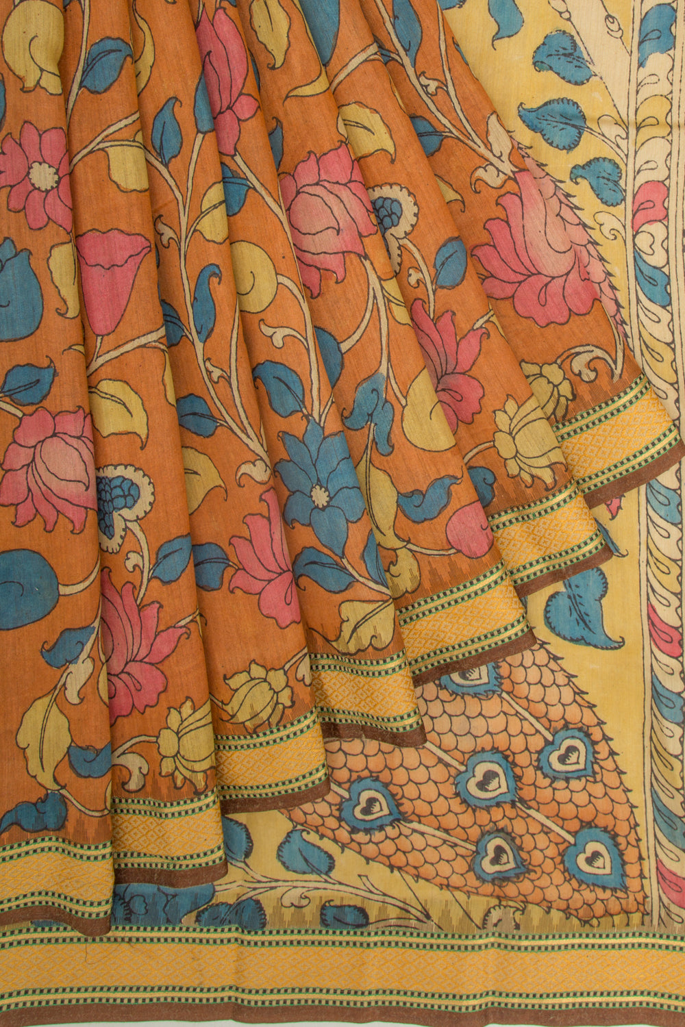 Tussar Kalamkari Handpainted Orange Saree