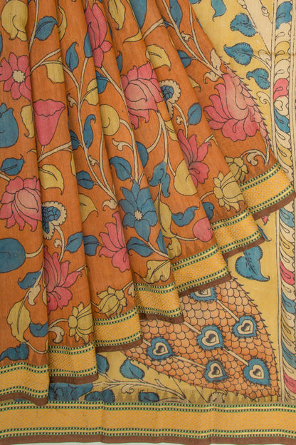 Tussar Kalamkari Handpainted Orange Saree