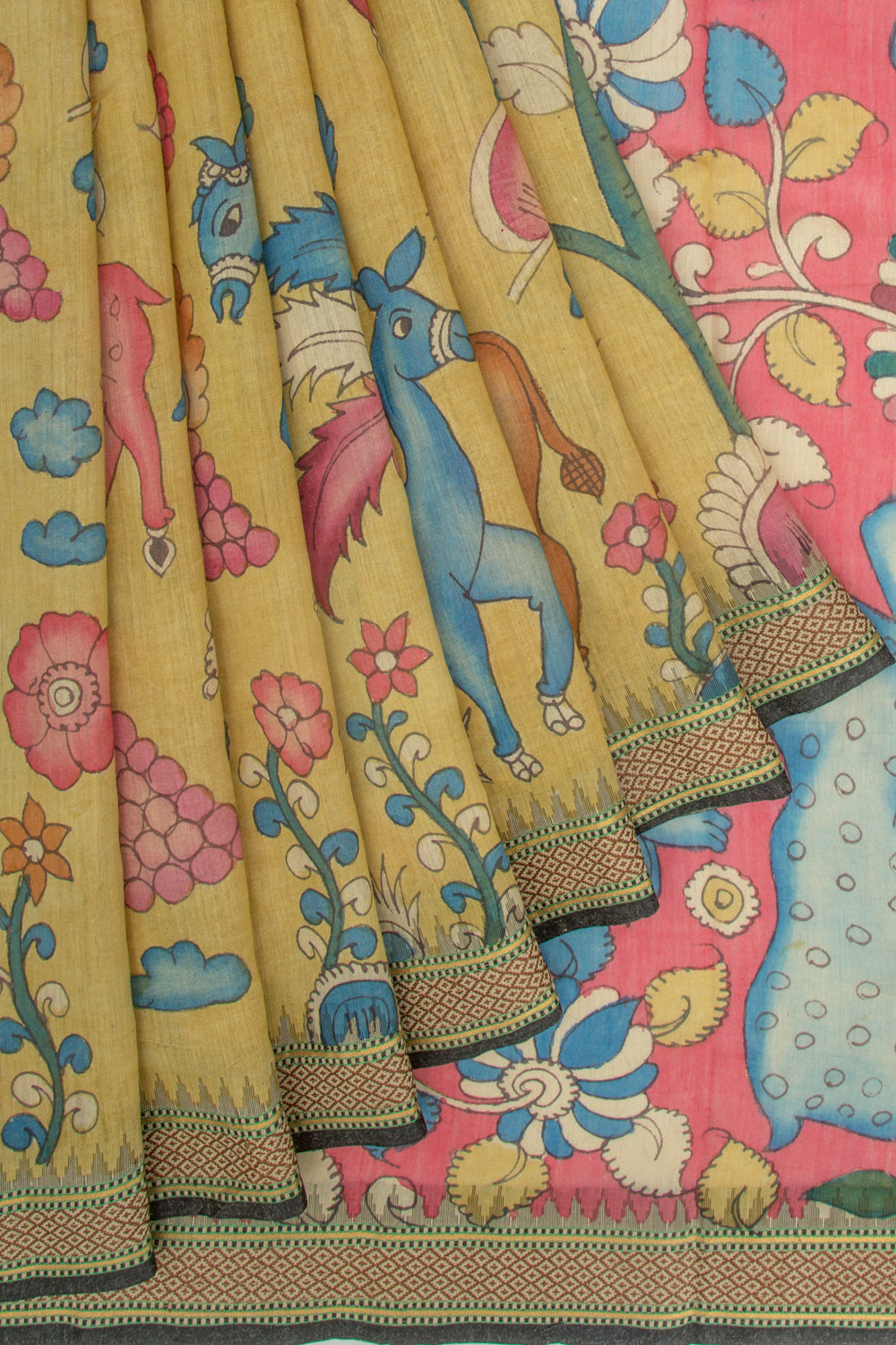 Tussar Kalamkari Handpainted Yellow Saree