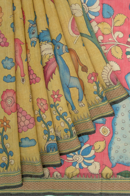 Tussar Kalamkari Handpainted Yellow Saree