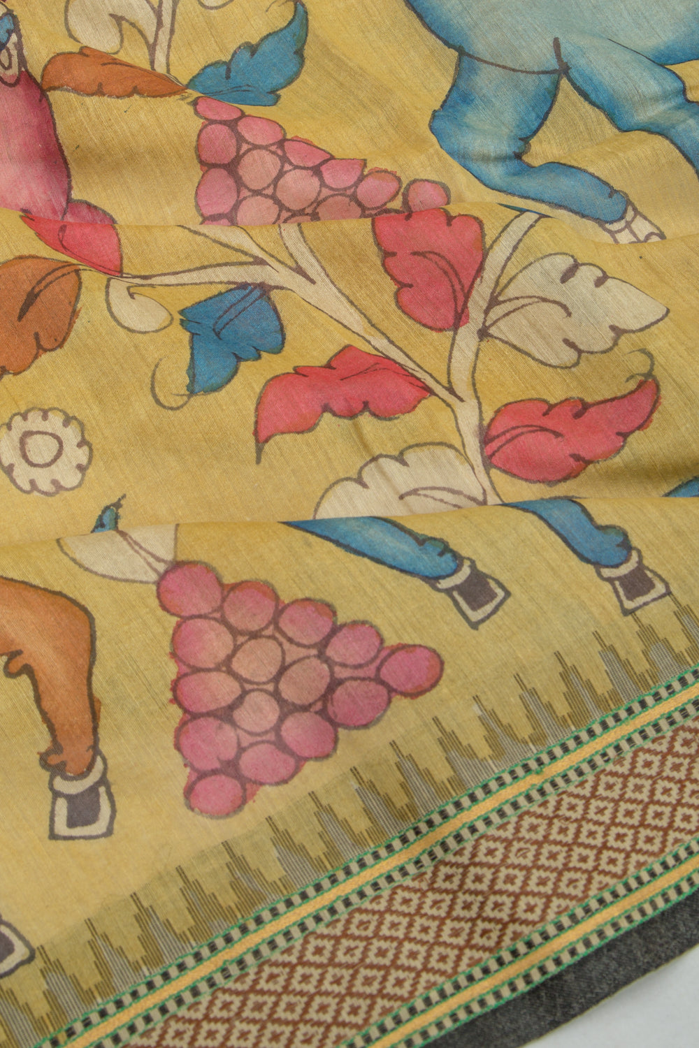Tussar Kalamkari Handpainted Yellow Saree