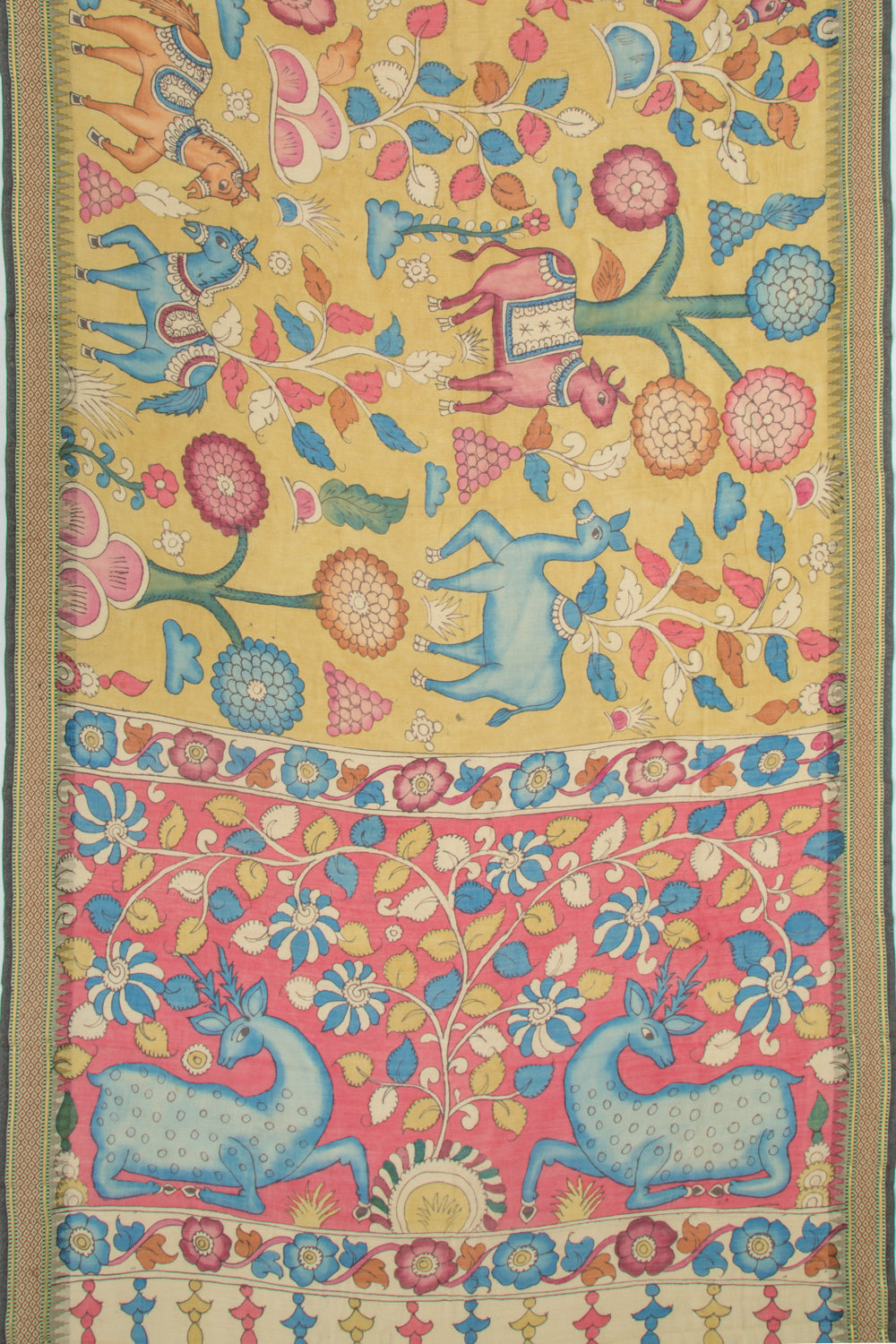 Tussar Kalamkari Handpainted Yellow Saree