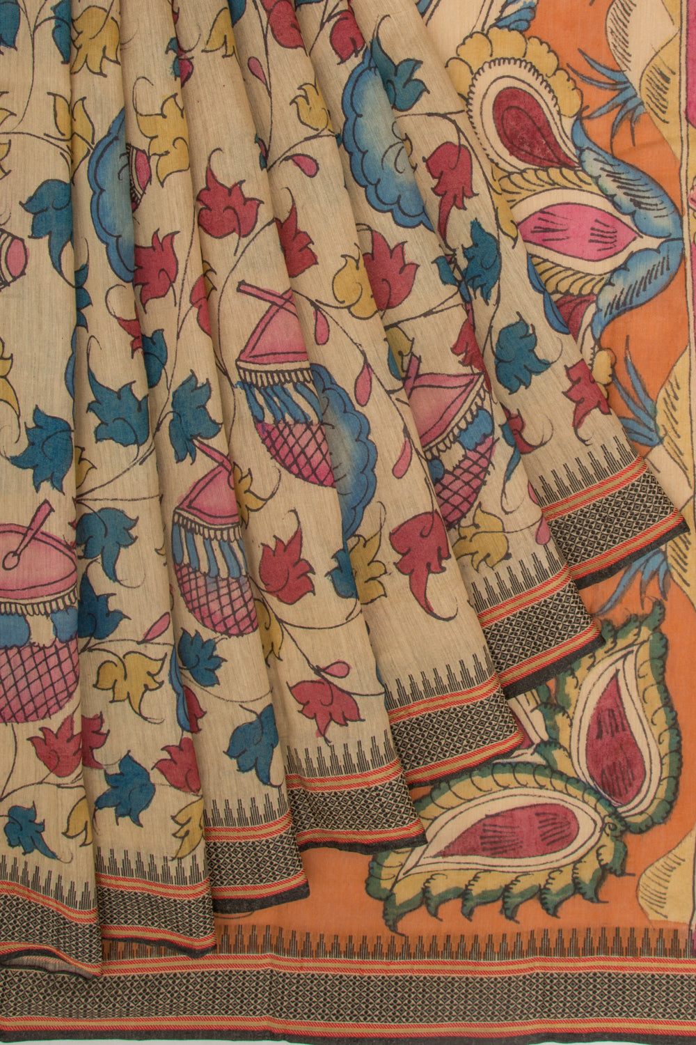 Tussar Kalamkari Handpainted Beige Saree