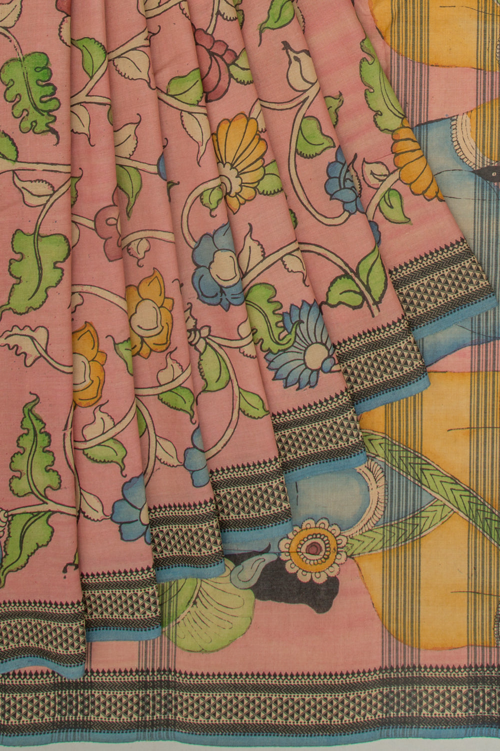 Soft Tussar Kalamkari Handpainted Peach Saree With Vidarbha Border