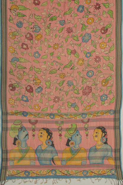 Soft Tussar Kalamkari Handpainted Peach Saree With Vidarbha Border