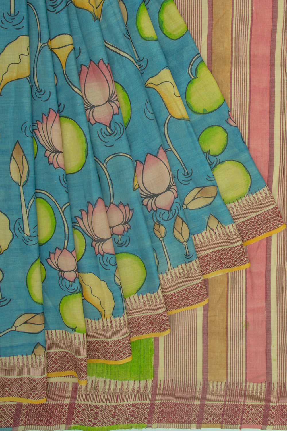 Soft Tussar Kalamkari Handpainted Blue Saree