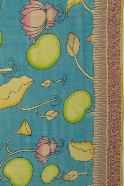 Soft Tussar Kalamkari Handpainted Blue Saree