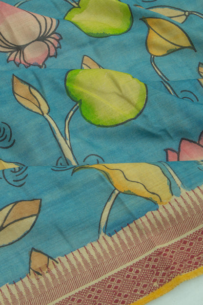 Soft Tussar Kalamkari Handpainted Blue Saree
